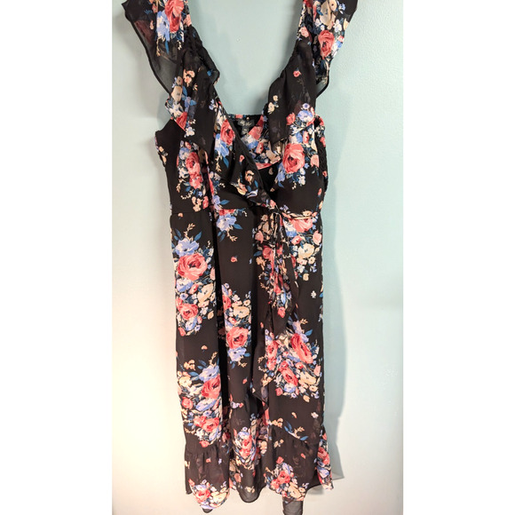 Lily Rose Woman’s Black Floral V Neck Stretch Ruffle Strap Midi Dress XXL - Picture 3 of 5